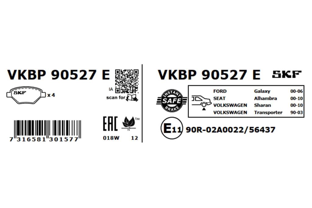 Jeu de 4 plaquettes de frein SKF ref. VKBP 90527 E